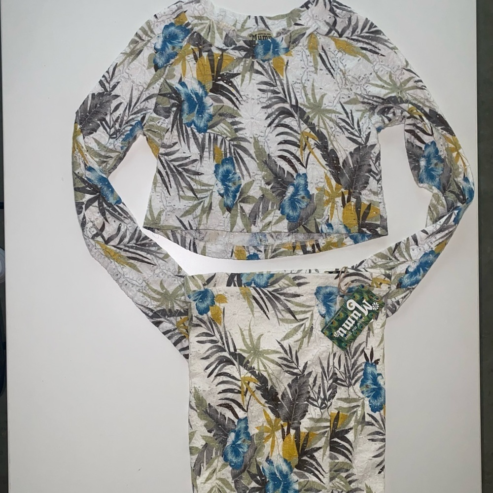 SHOW ME YOUR MUMU CHER TROPICAL FLORAL LONG SLEEVE LACE TOP & LACE MINISKIRT SET